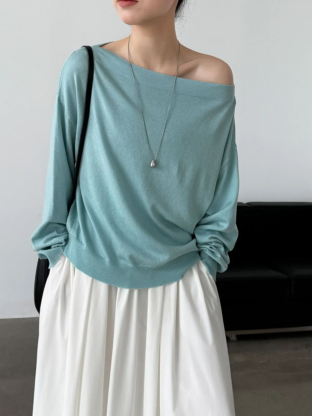 Off Shoulder Knit Pullover for Women Sexy Long Sleeve Autumn Casual Sweater Top