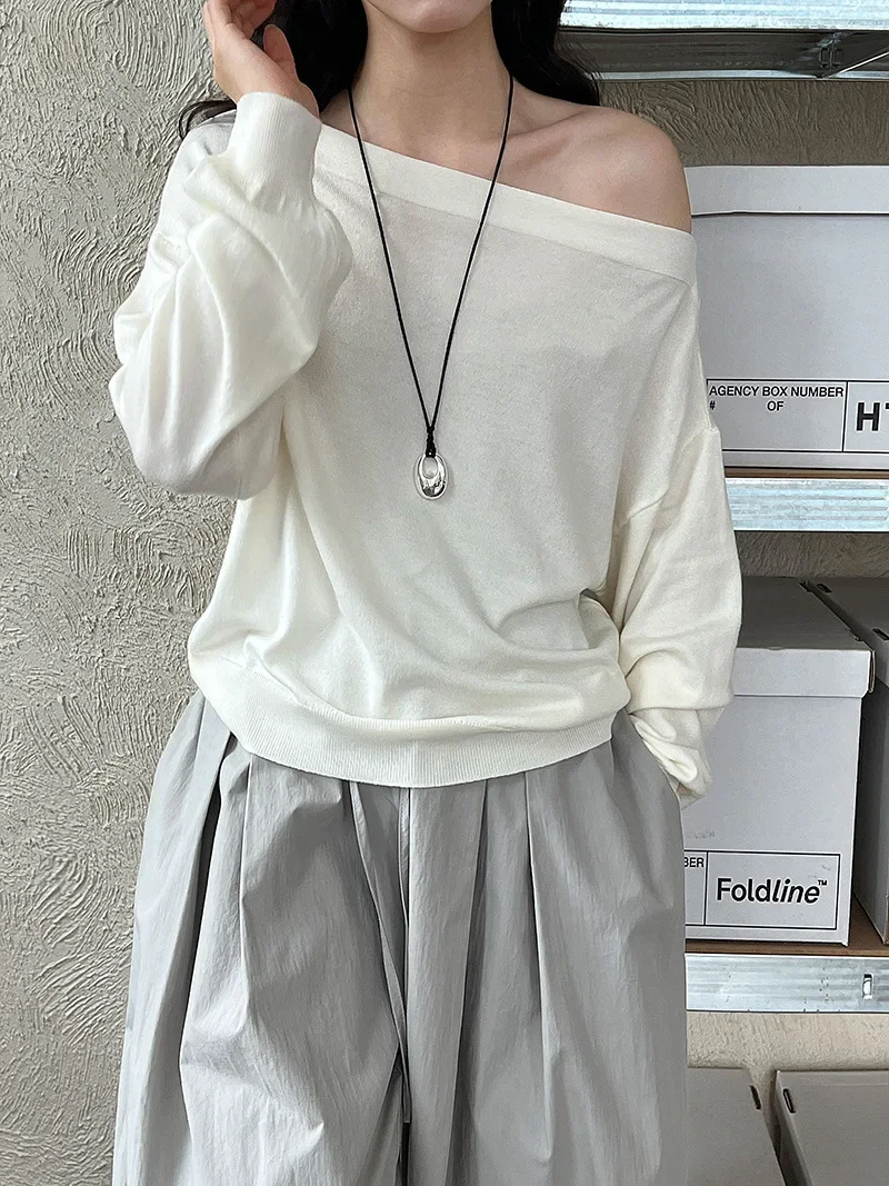 Off Shoulder Knit Pullover for Women Sexy Long Sleeve Autumn Casual Sweater Top