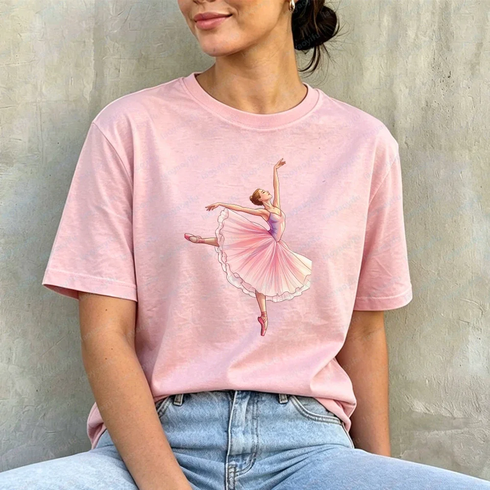 Elegant Pink Ballerina Dance Silhouette Women Summer Cotton T Shirt Grace Ballet Minimal Girly Graphic Tee