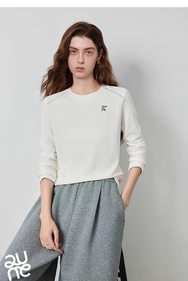 TOYOUTH Women's Long Sleeve T-Shirt 2026 Autumn New Soft Fleece Slim Fit Contrast Line Round Neck Base Layer Top