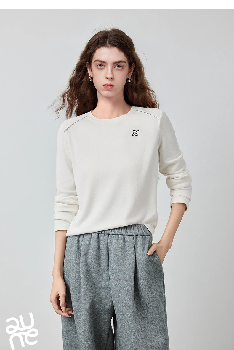 TOYOUTH Women's Long Sleeve T-Shirt 2026 Autumn New Soft Fleece Slim Fit Contrast Line Round Neck Base Layer Top