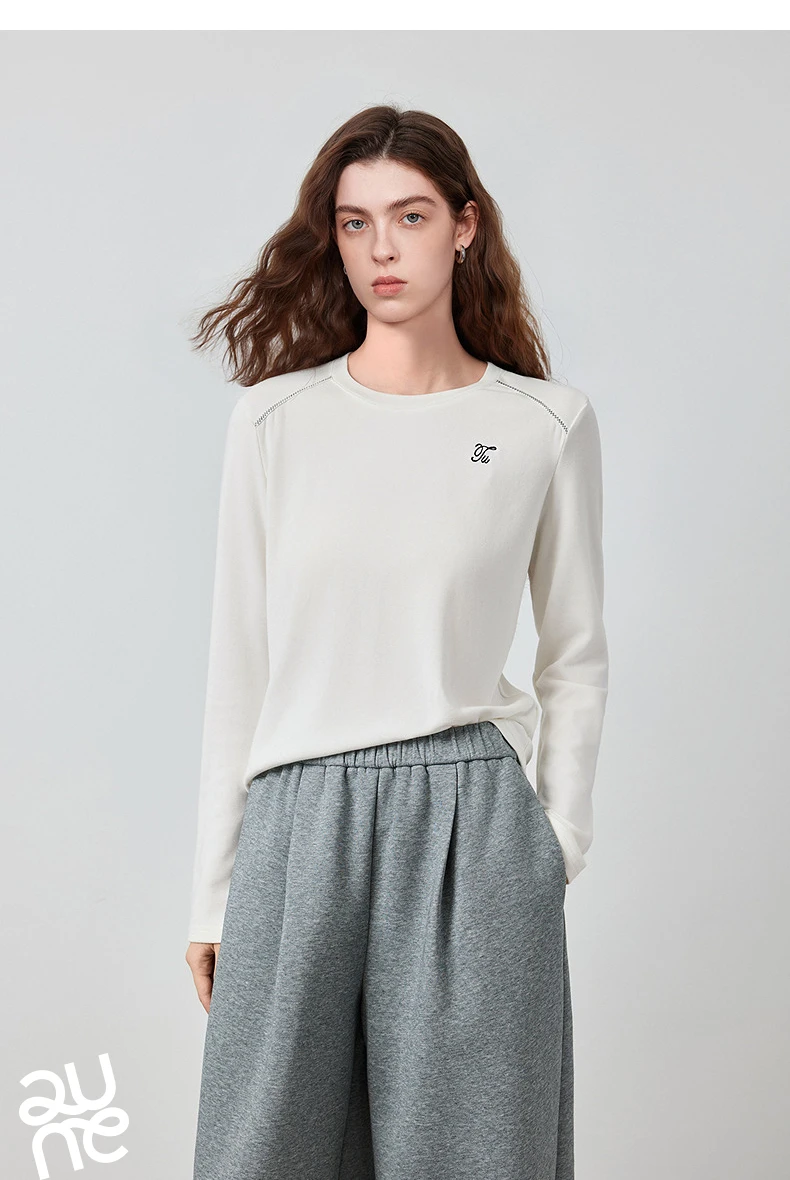 TOYOUTH Women's Long Sleeve T-Shirt 2026 Autumn New Soft Fleece Slim Fit Contrast Line Round Neck Base Layer Top