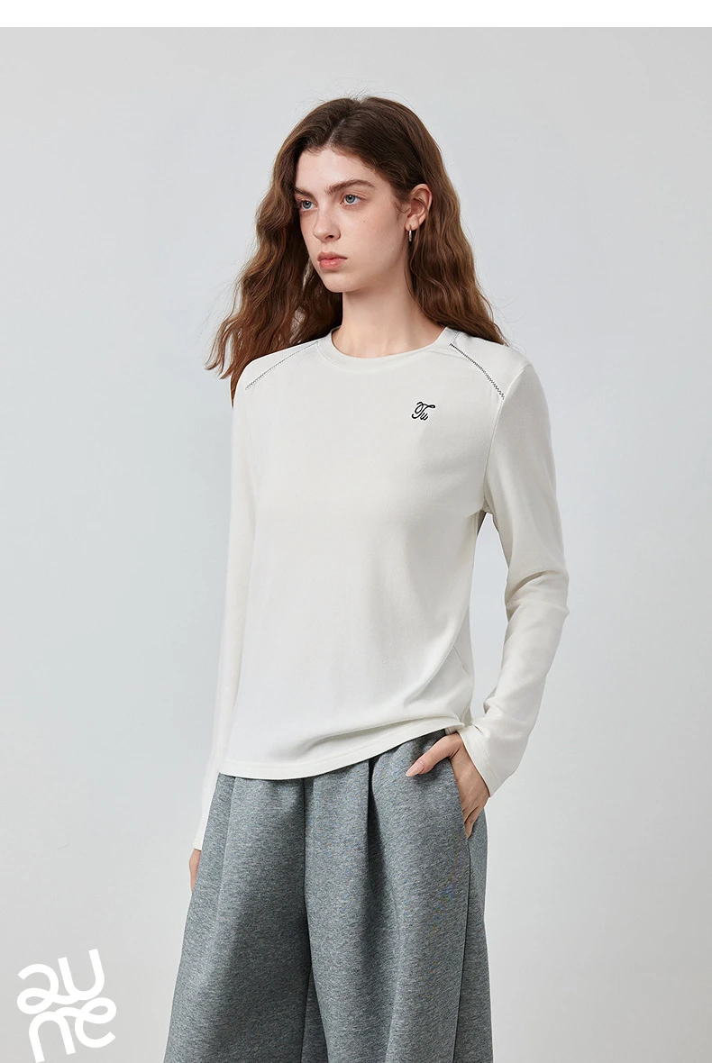TOYOUTH Women's Long Sleeve T-Shirt 2026 Autumn New Soft Fleece Slim Fit Contrast Line Round Neck Base Layer Top