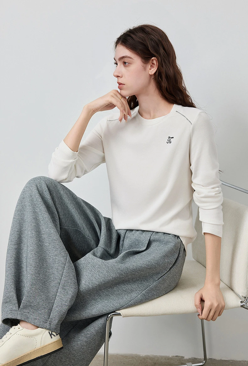 TOYOUTH Women's Long Sleeve T-Shirt 2026 Autumn New Soft Fleece Slim Fit Contrast Line Round Neck Base Layer Top