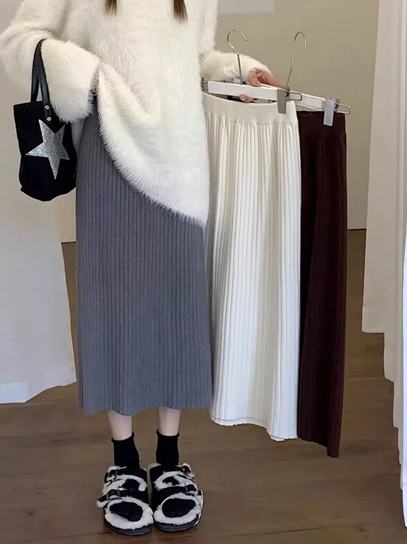 Autumn High Waist Knitted Skirts Women Korean Loose Solid Casual Midi Skirts Female Sweet Preppy Basic All Match A Line Skirts