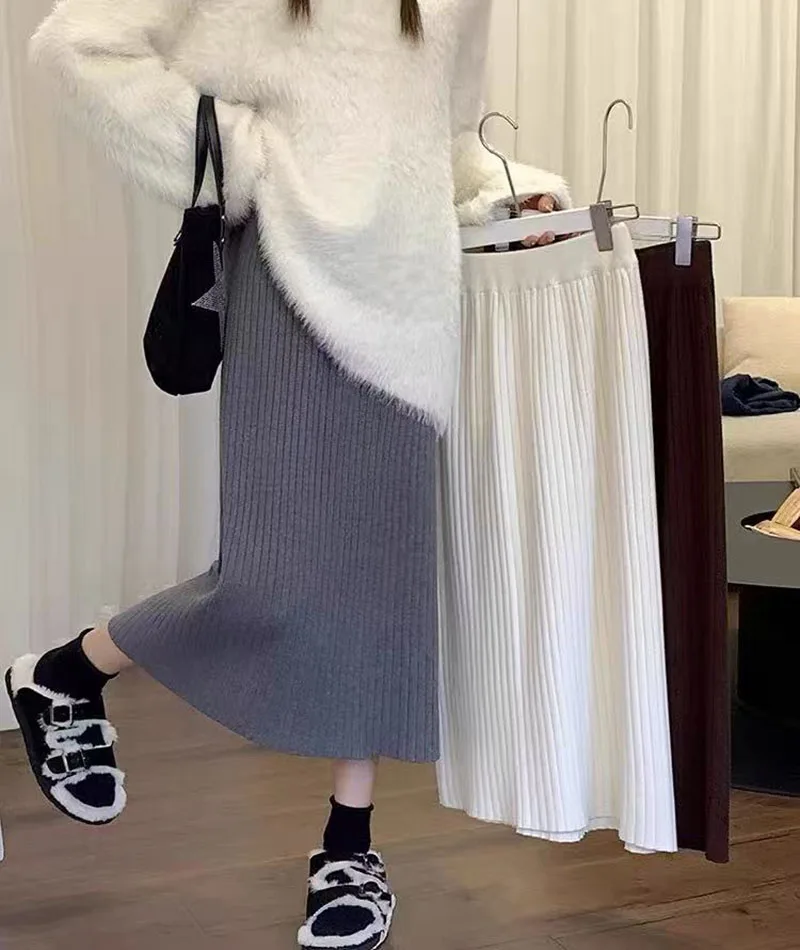 Autumn High Waist Knitted Skirts Women Korean Loose Solid Casual Midi Skirts Female Sweet Preppy Basic All Match A Line Skirts