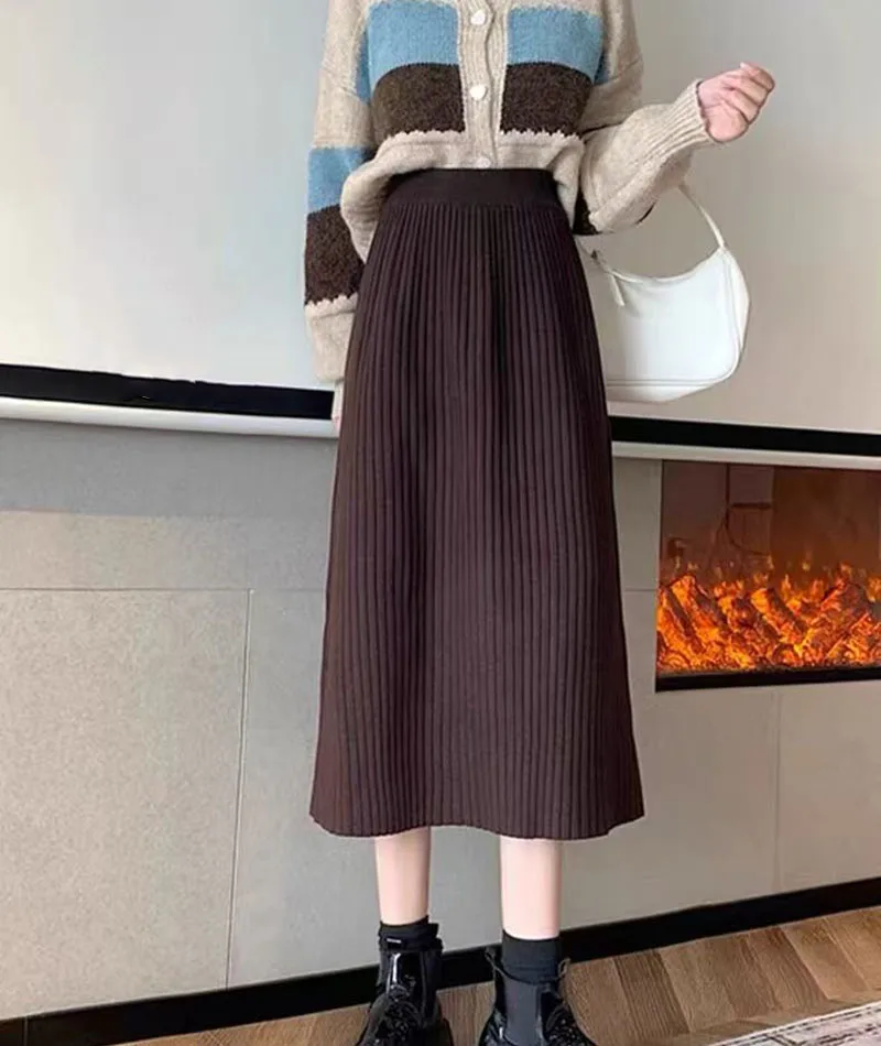 Autumn High Waist Knitted Skirts Women Korean Loose Solid Casual Midi Skirts Female Sweet Preppy Basic All Match A Line Skirts