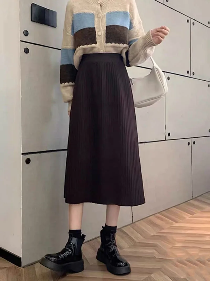 Autumn High Waist Knitted Skirts Women Korean Loose Solid Casual Midi Skirts Female Sweet Preppy Basic All Match A Line Skirts