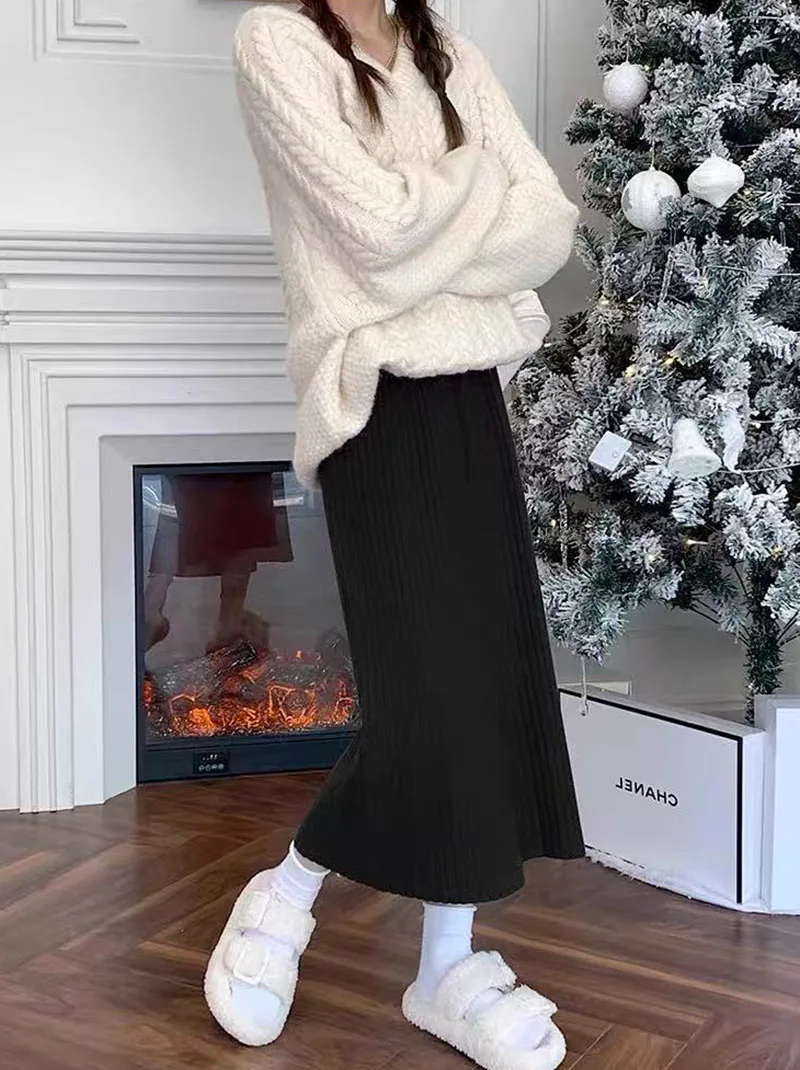Autumn High Waist Knitted Skirts Women Korean Loose Solid Casual Midi Skirts Female Sweet Preppy Basic All Match A Line Skirts