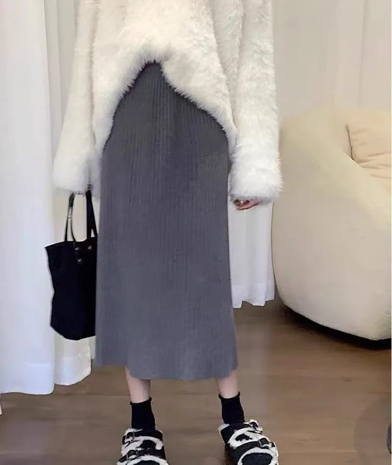 Autumn High Waist Knitted Skirts Women Korean Loose Solid Casual Midi Skirts Female Sweet Preppy Basic All Match A Line Skirts