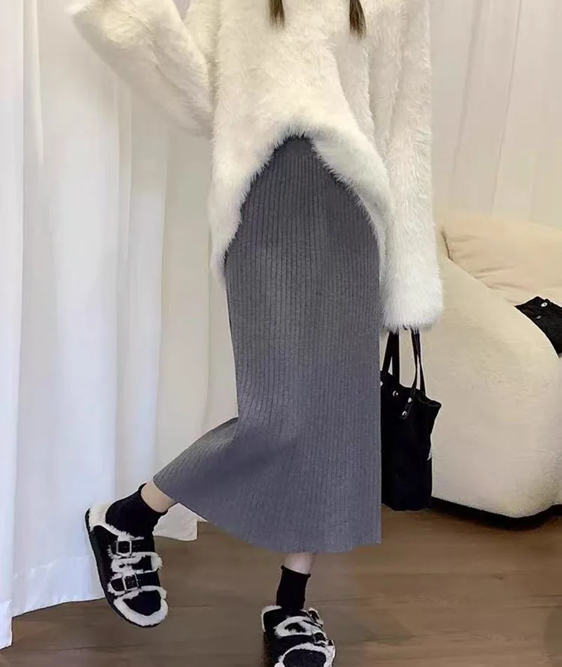 Autumn High Waist Knitted Skirts Women Korean Loose Solid Casual Midi Skirts Female Sweet Preppy Basic All Match A Line Skirts