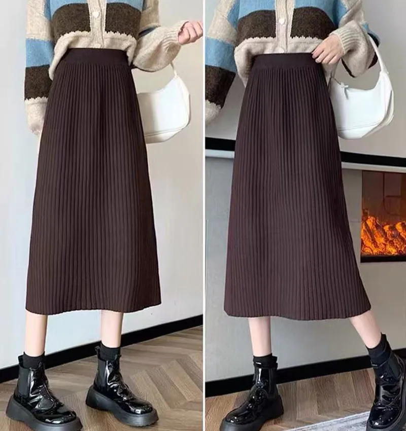 Autumn High Waist Knitted Skirts Women Korean Loose Solid Casual Midi Skirts Female Sweet Preppy Basic All Match A Line Skirts