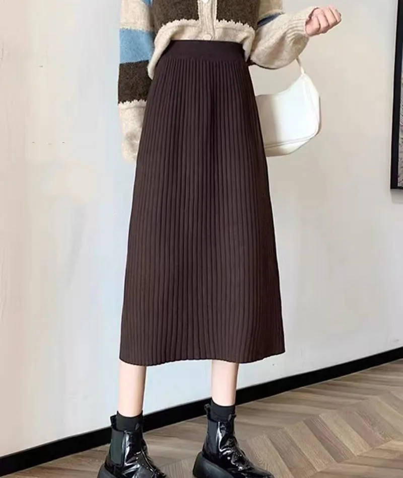 Autumn High Waist Knitted Skirts Women Korean Loose Solid Casual Midi Skirts Female Sweet Preppy Basic All Match A Line Skirts