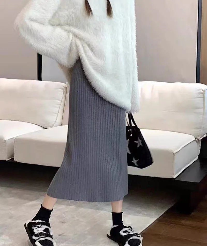 Autumn High Waist Knitted Skirts Women Korean Loose Solid Casual Midi Skirts Female Sweet Preppy Basic All Match A Line Skirts