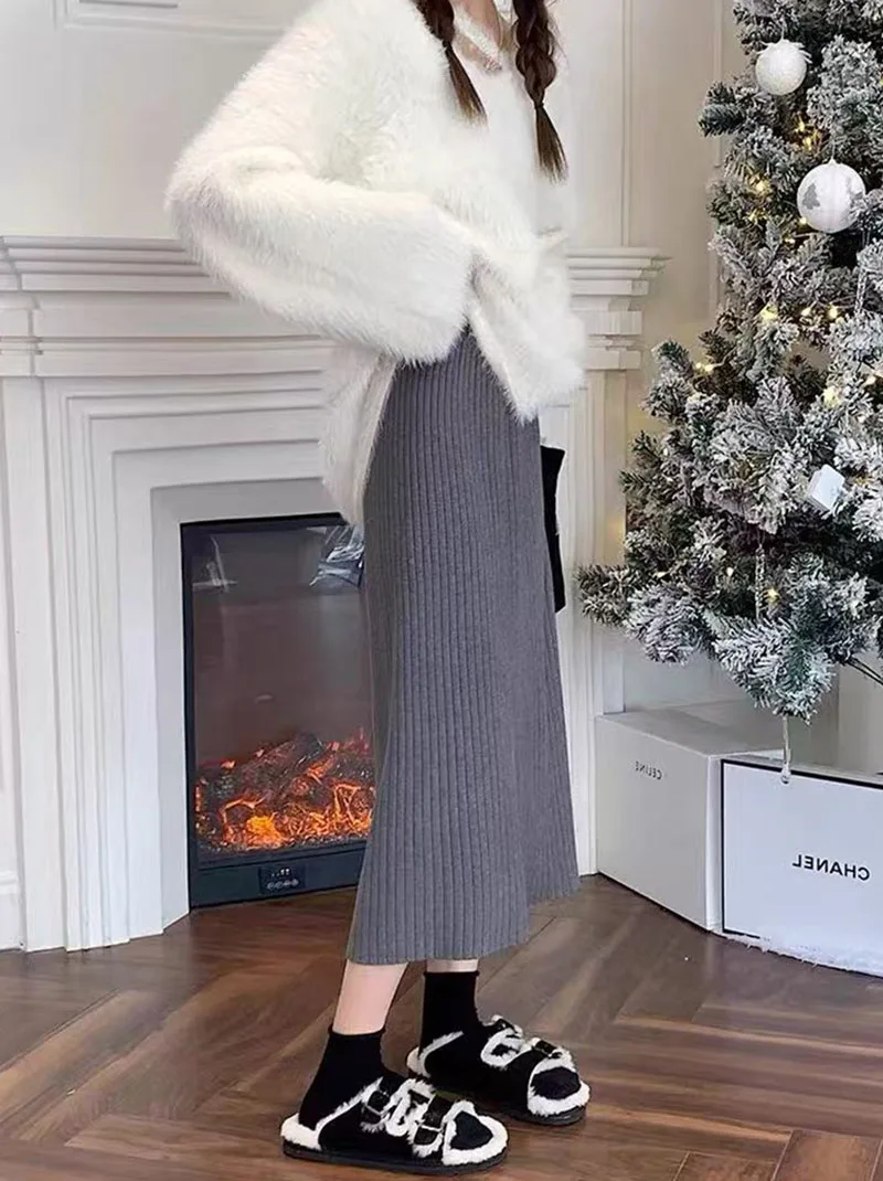 Autumn High Waist Knitted Skirts Women Korean Loose Solid Casual Midi Skirts Female Sweet Preppy Basic All Match A Line Skirts