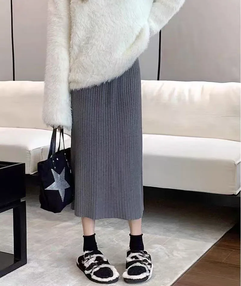 Autumn High Waist Knitted Skirts Women Korean Loose Solid Casual Midi Skirts Female Sweet Preppy Basic All Match A Line Skirts