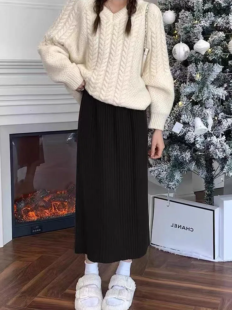 Autumn High Waist Knitted Skirts Women Korean Loose Solid Casual Midi Skirts Female Sweet Preppy Basic All Match A Line Skirts