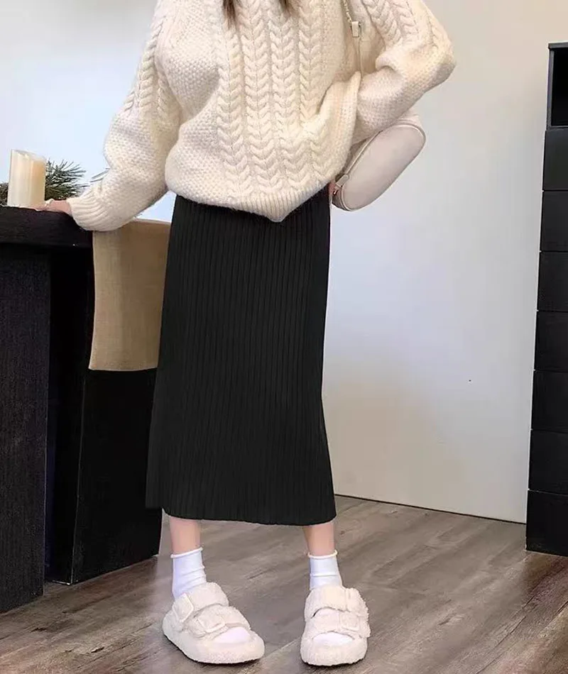 Autumn High Waist Knitted Skirts Women Korean Loose Solid Casual Midi Skirts Female Sweet Preppy Basic All Match A Line Skirts
