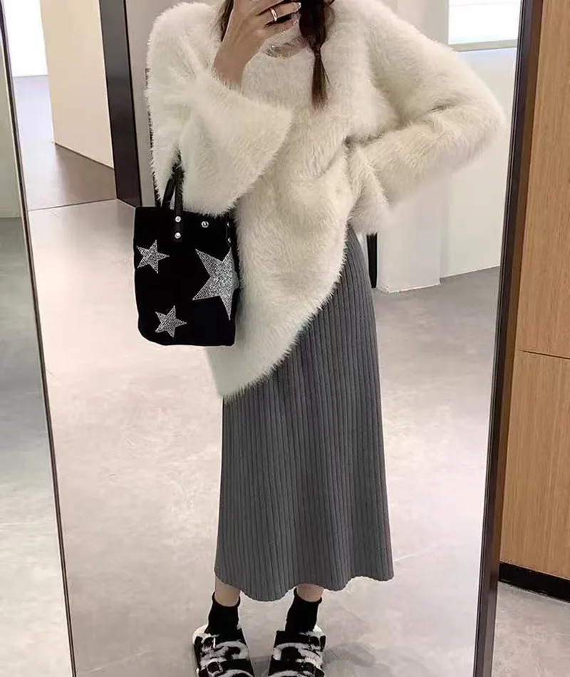 Autumn High Waist Knitted Skirts Women Korean Loose Solid Casual Midi Skirts Female Sweet Preppy Basic All Match A Line Skirts