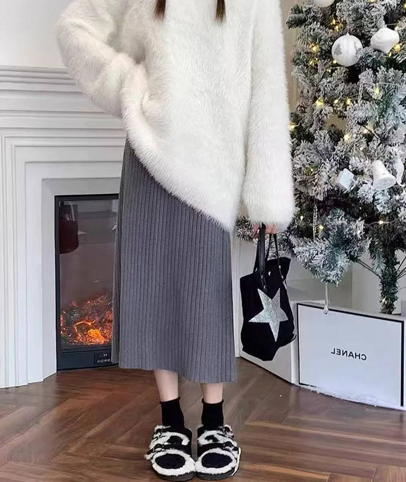 Autumn High Waist Knitted Skirts Women Korean Loose Solid Casual Midi Skirts Female Sweet Preppy Basic All Match A Line Skirts