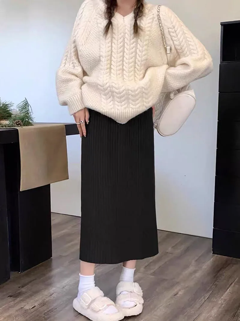 Autumn High Waist Knitted Skirts Women Korean Loose Solid Casual Midi Skirts Female Sweet Preppy Basic All Match A Line Skirts