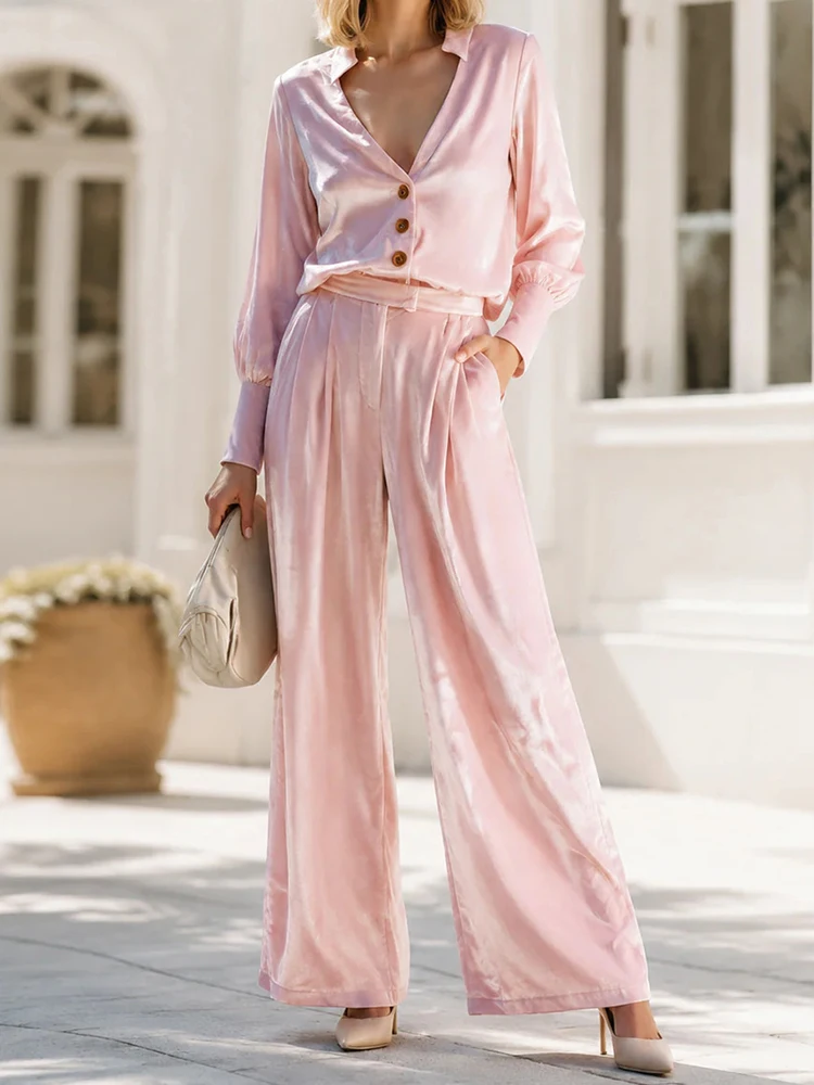 Fall Winter Solid Color Velvet Outfit Women Sexy Deep V Neck Button Top & High Waist Pants Set Casual Long Sleeve Slim 2pcs Suit