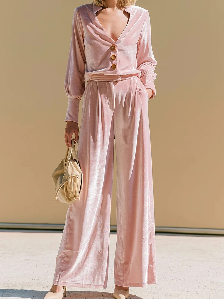Fall Winter Solid Color Velvet Outfit Women Sexy Deep V Neck Button Top & High Waist Pants Set Casual Long Sleeve Slim 2pcs Suit