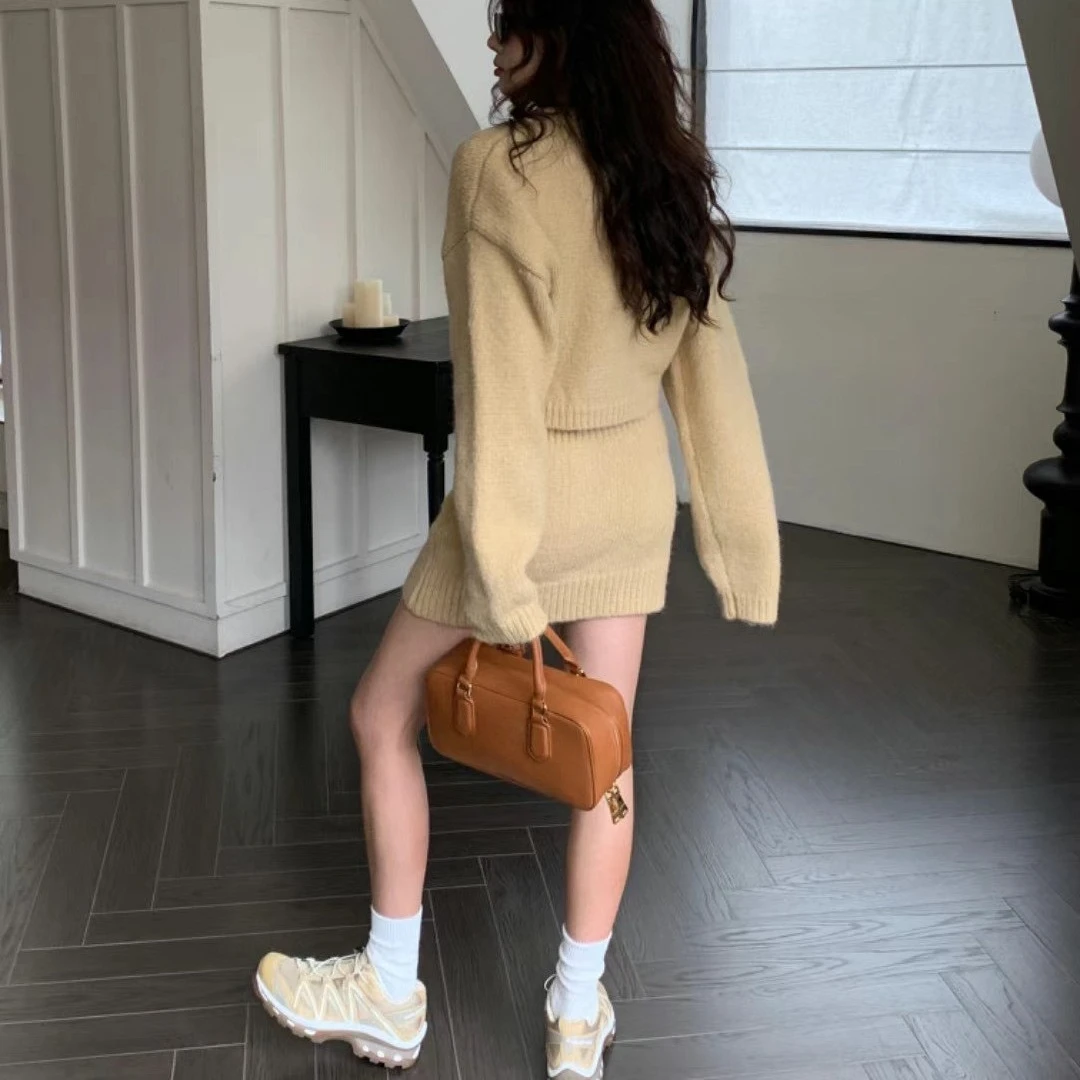 2026 Autumn Winter Women's Knitting Costume Turtleneck Solid Color Pullover Sweater Slim Skirt Two-piece Set Female Warm Suits