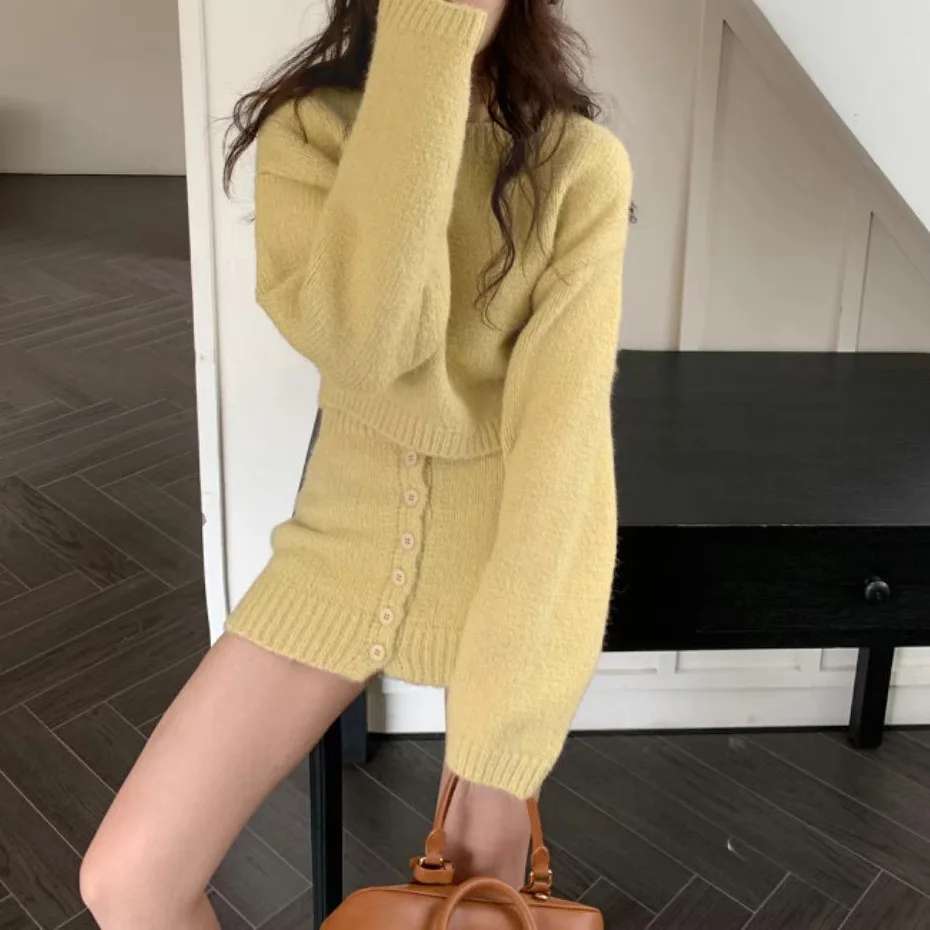 2026 Autumn Winter Women's Knitting Costume Turtleneck Solid Color Pullover Sweater Slim Skirt Two-piece Set Female Warm Suits