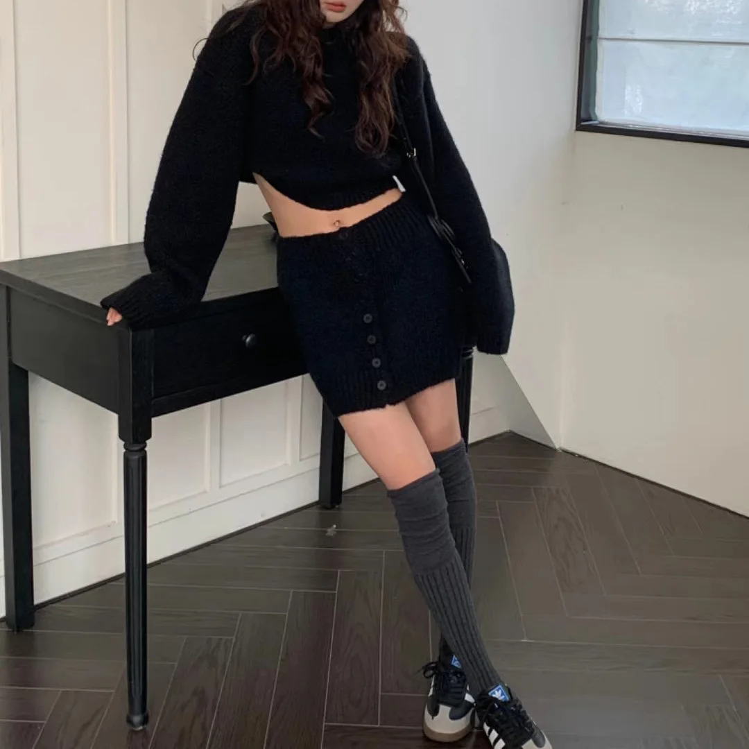 2026 Autumn Winter Women's Knitting Costume Turtleneck Solid Color Pullover Sweater Slim Skirt Two-piece Set Female Warm Suits
