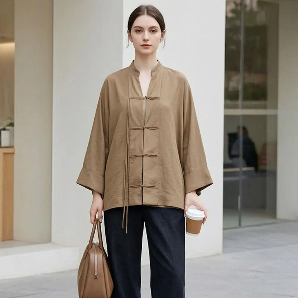 Women Stand Collar Shirt Chinese Frog Button Blouse for Early Fall, Loose Solid Color Long Sleeve Top Durable Polyester