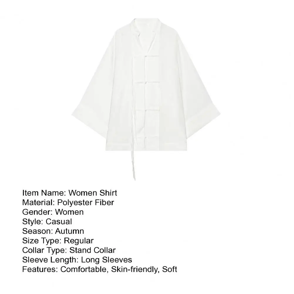 Women Stand Collar Shirt Chinese Frog Button Blouse for Early Fall, Loose Solid Color Long Sleeve Top Durable Polyester