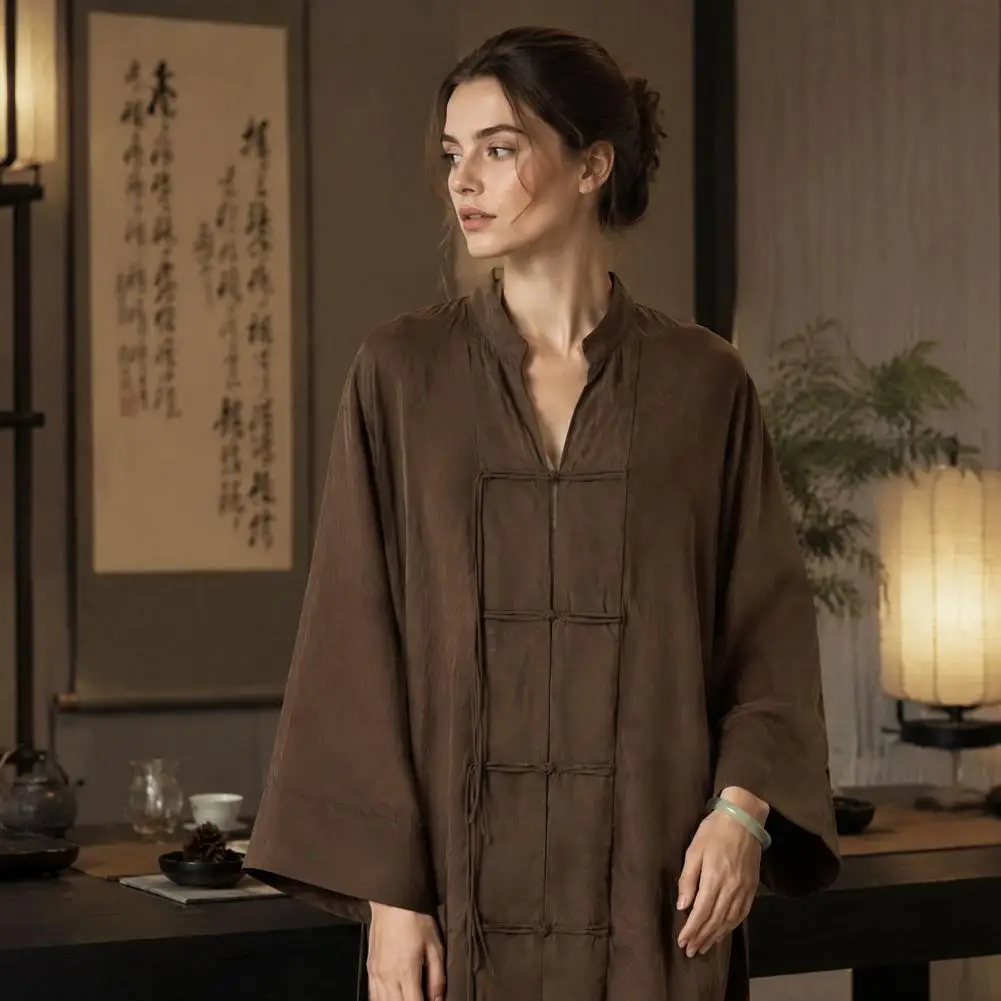 Women Stand Collar Shirt Chinese Frog Button Blouse for Early Fall, Loose Solid Color Long Sleeve Top Durable Polyester