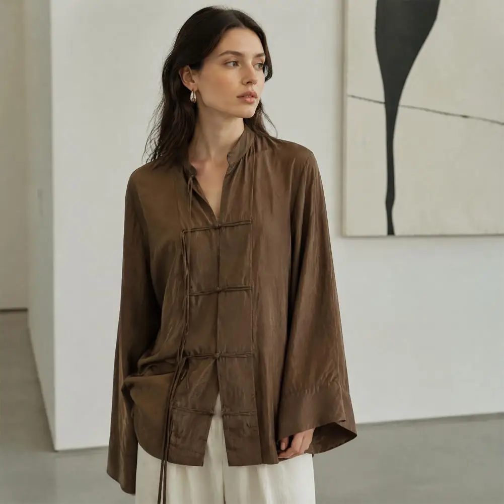 Women Stand Collar Shirt Chinese Frog Button Blouse for Early Fall, Loose Solid Color Long Sleeve Top Durable Polyester