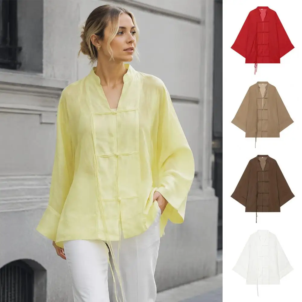Women Stand Collar Shirt Chinese Frog Button Blouse for Early Fall, Loose Solid Color Long Sleeve Top Durable Polyester