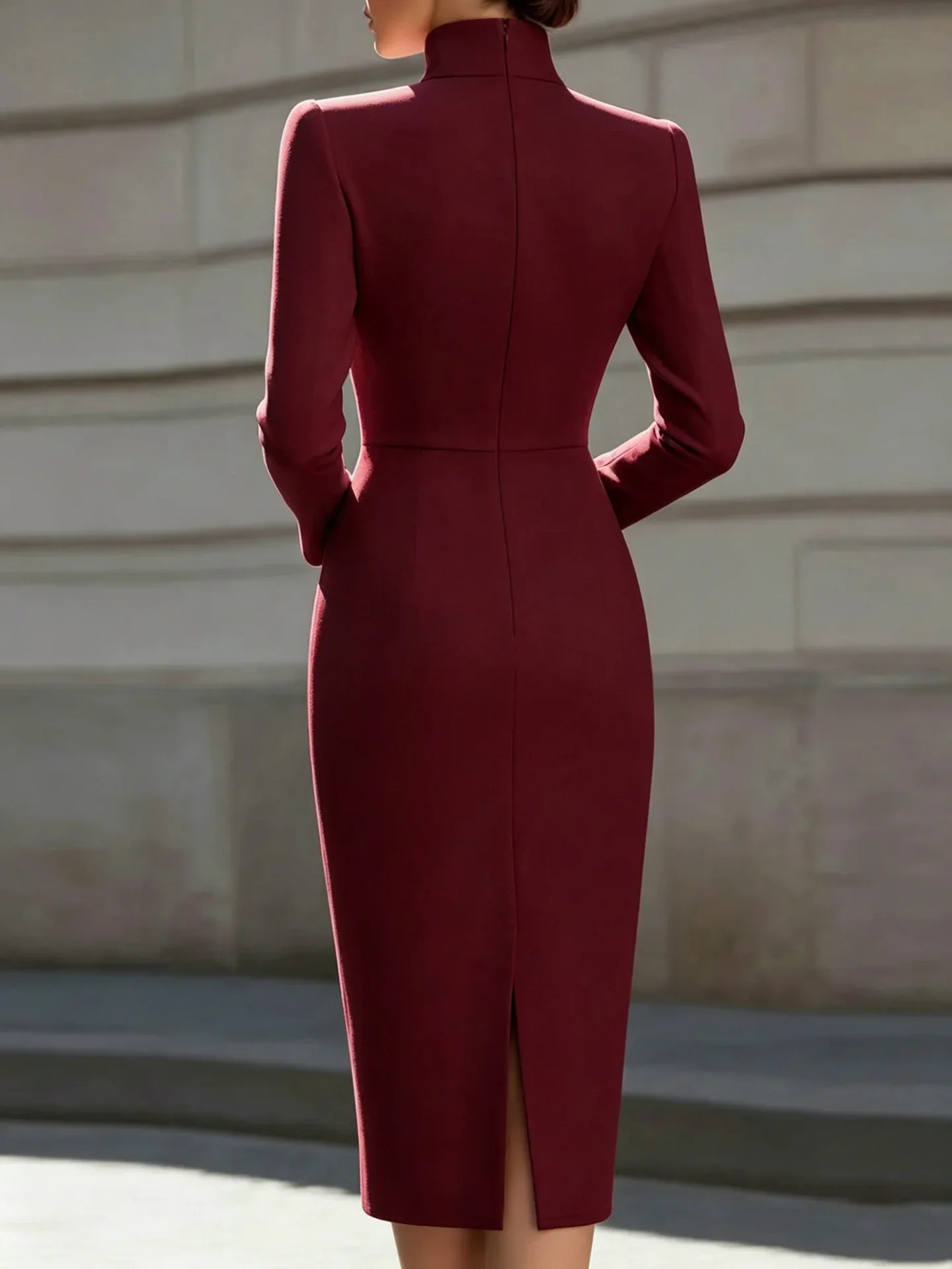 New Autumn Slimming Elegant Commuter Long Sleeve Pure Color Slim Fit Dress V Neck Dress Simple Design Midi Skirt Style Dress