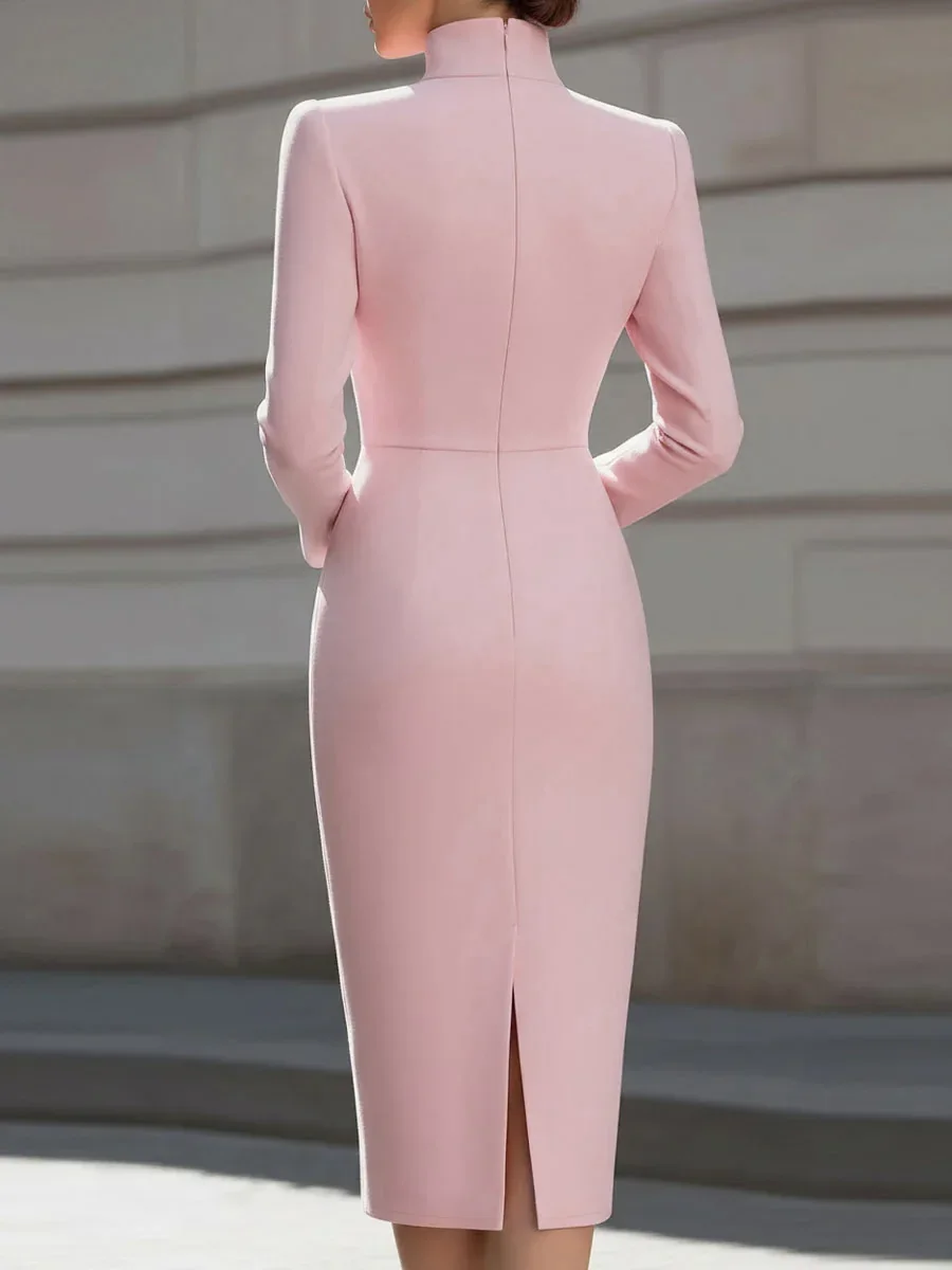 New Autumn Slimming Elegant Commuter Long Sleeve Pure Color Slim Fit Dress V Neck Dress Simple Design Midi Skirt Style Dress