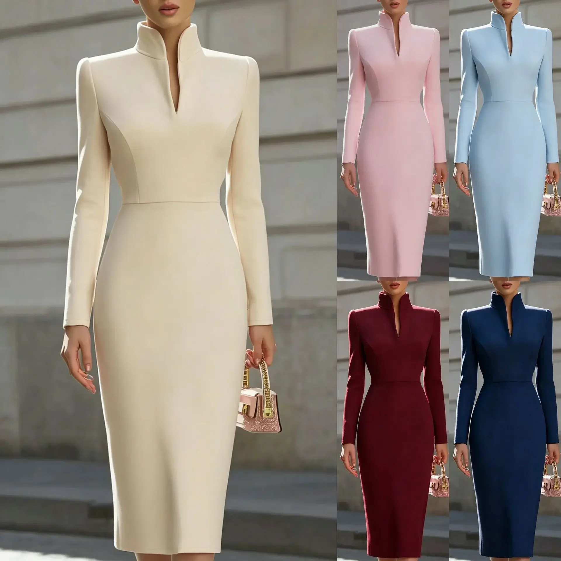 New Autumn Slimming Elegant Commuter Long Sleeve Pure Color Slim Fit Dress V Neck Dress Simple Design Midi Skirt Style Dress