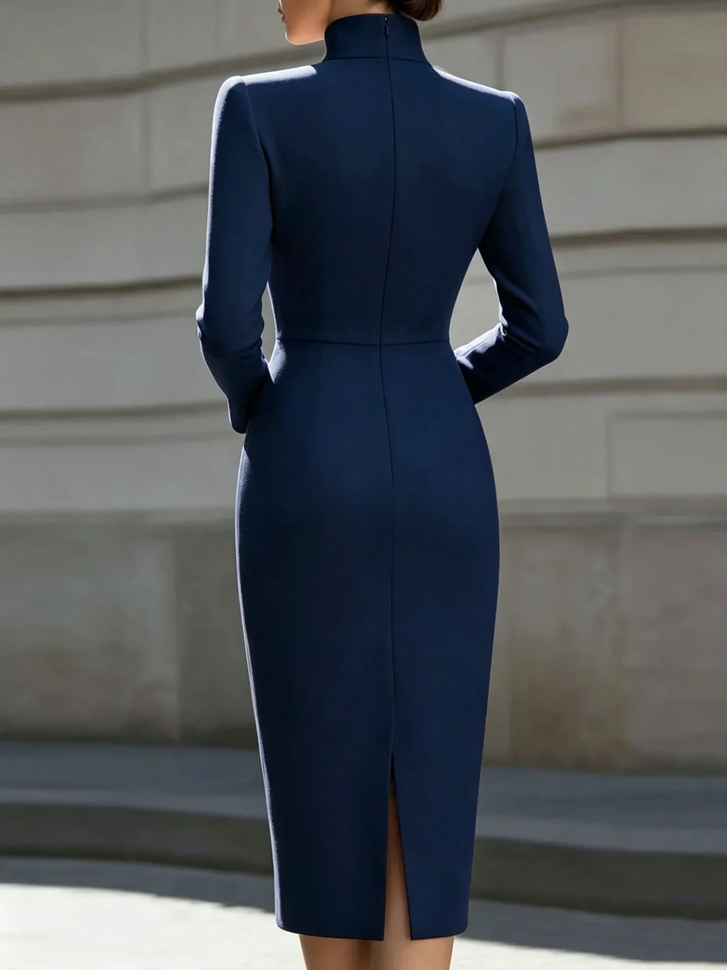 New Autumn Slimming Elegant Commuter Long Sleeve Pure Color Slim Fit Dress V Neck Dress Simple Design Midi Skirt Style Dress