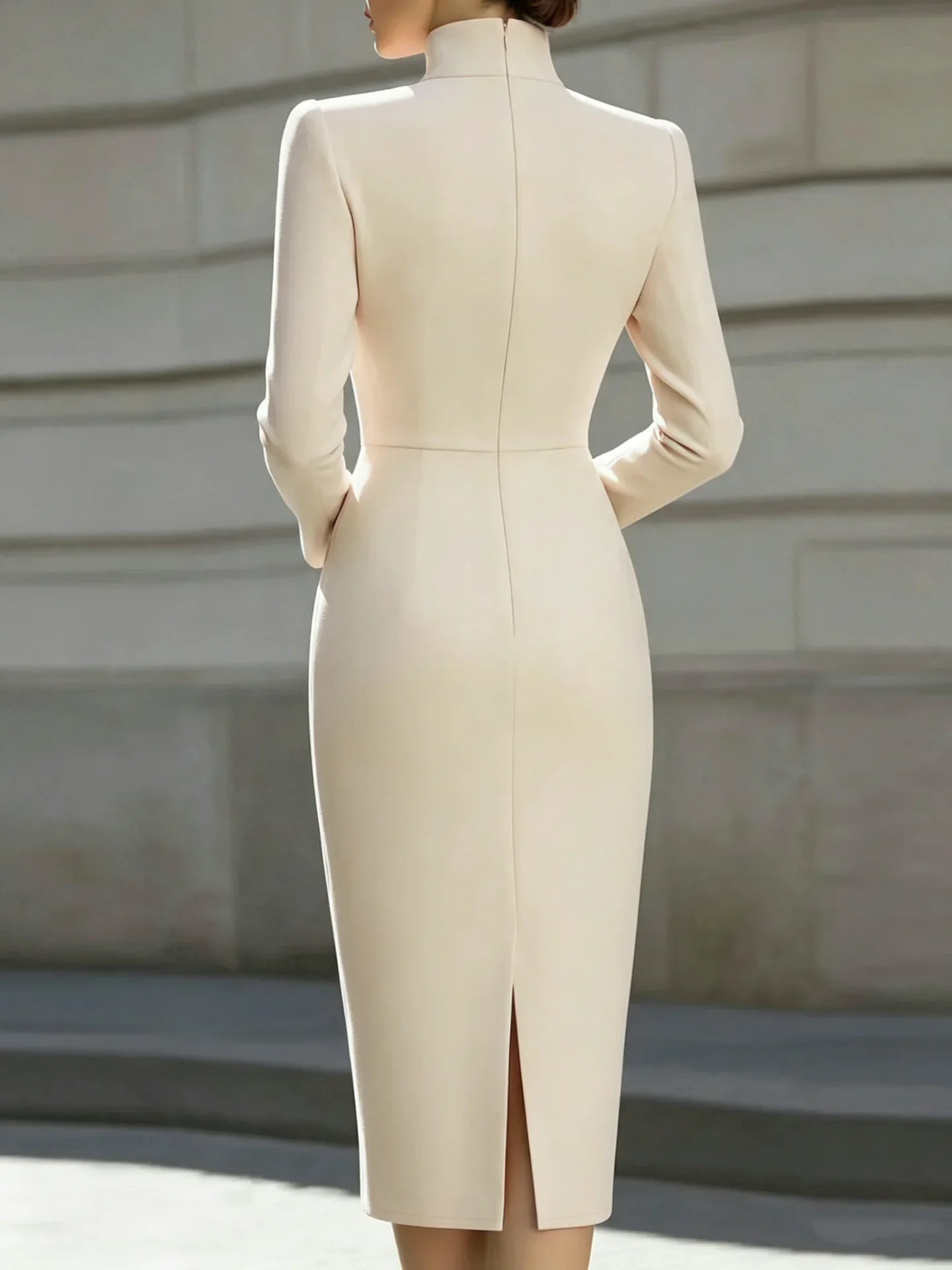 New Autumn Slimming Elegant Commuter Long Sleeve Pure Color Slim Fit Dress V Neck Dress Simple Design Midi Skirt Style Dress