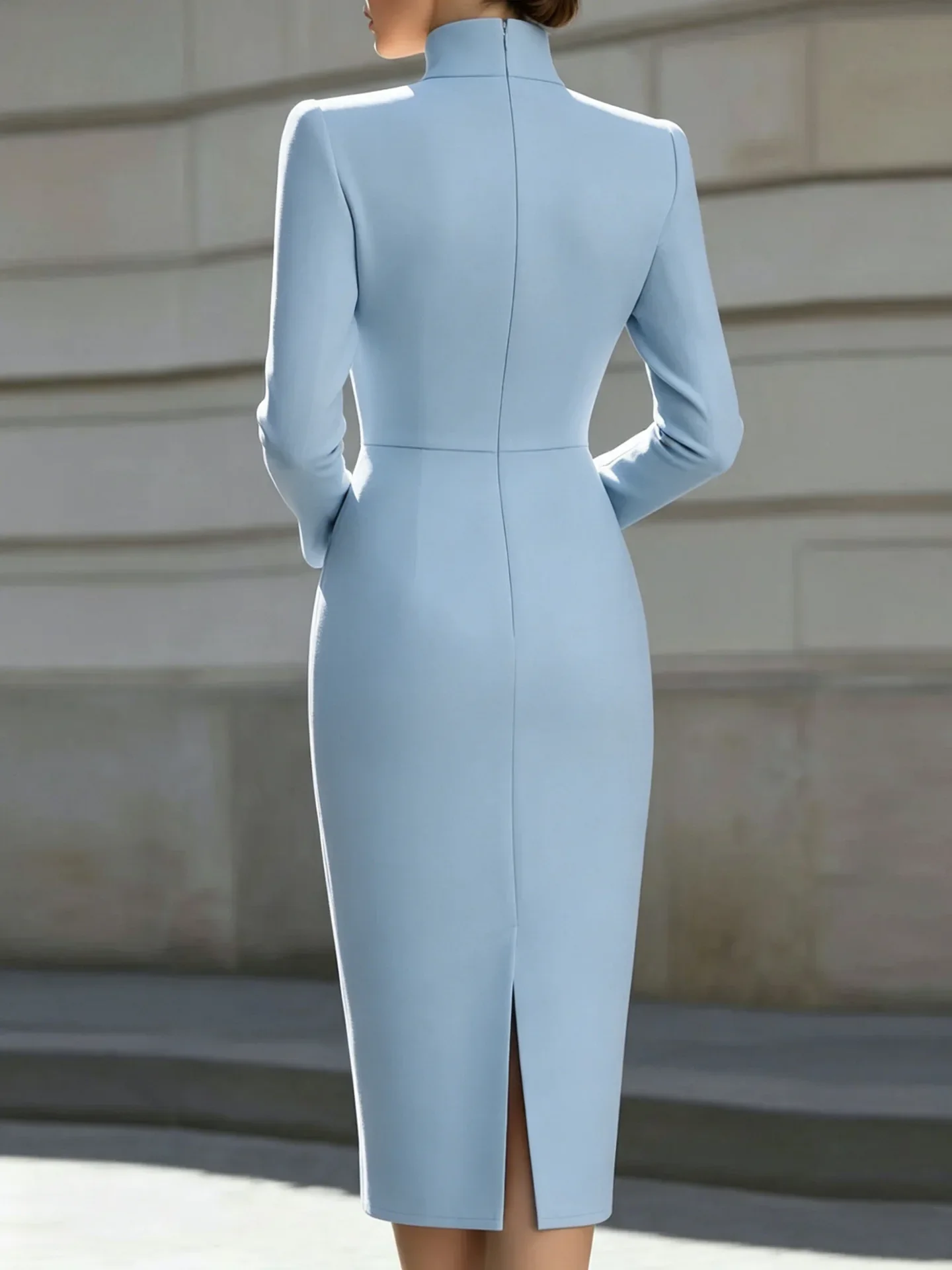 New Autumn Slimming Elegant Commuter Long Sleeve Pure Color Slim Fit Dress V Neck Dress Simple Design Midi Skirt Style Dress