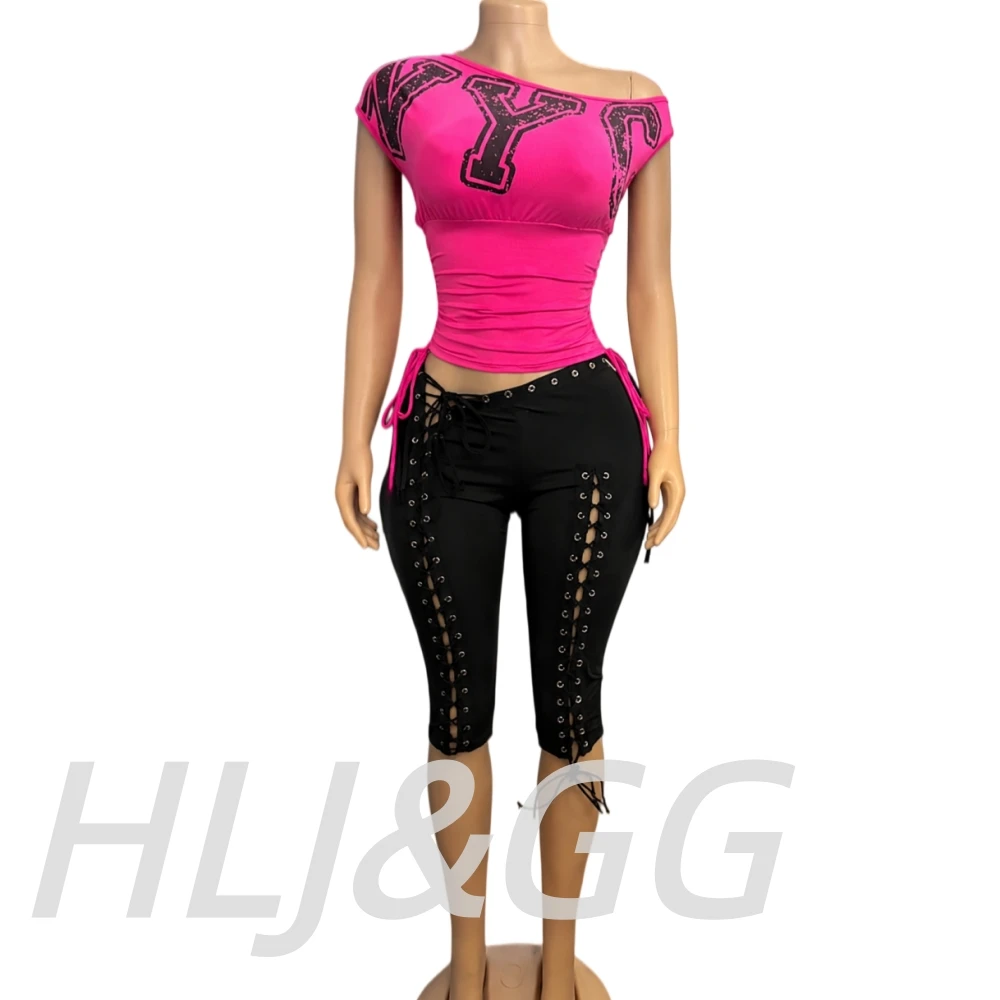 HLJ&GG Fashion Y2K Letter Print One Shoulder Two Piece Set Women Side Drawstring Ruched Top And Hollow Bandage Shorts Streetwear