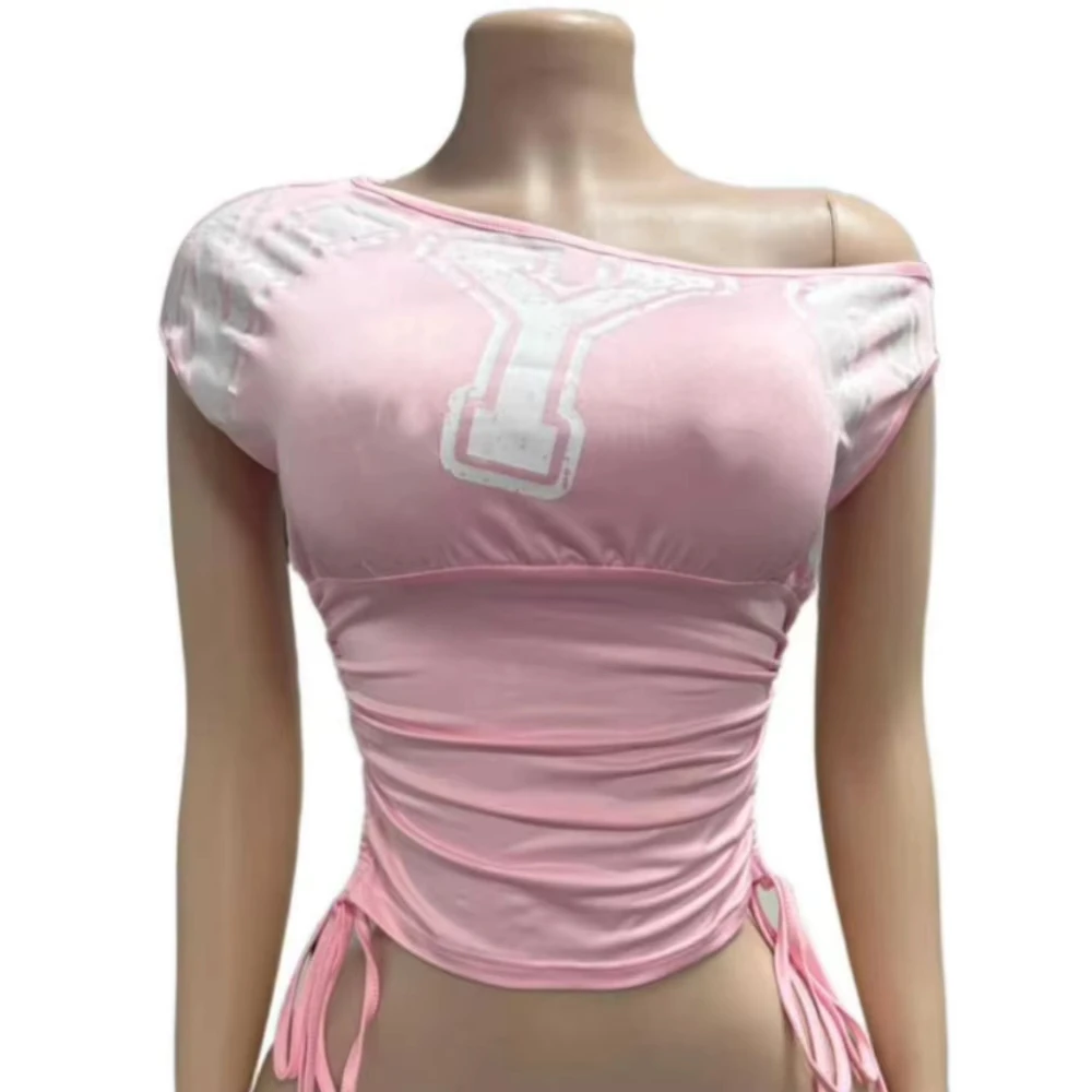 HLJ&GG Fashion Y2K Letter Print One Shoulder Two Piece Set Women Side Drawstring Ruched Top And Hollow Bandage Shorts Streetwear