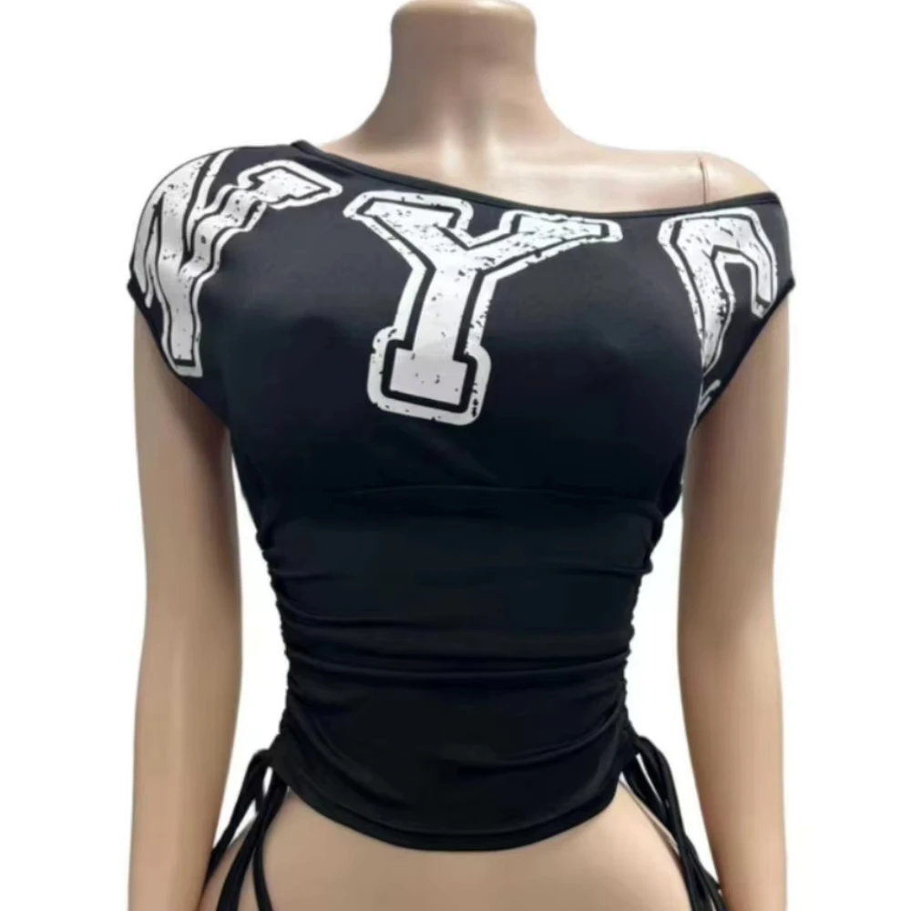 HLJ&GG Fashion Y2K Letter Print One Shoulder Two Piece Set Women Side Drawstring Ruched Top And Hollow Bandage Shorts Streetwear