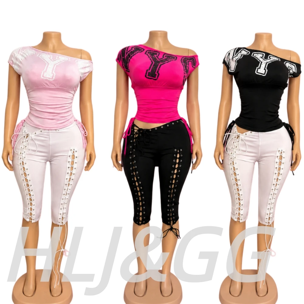 HLJ&GG Fashion Y2K Letter Print One Shoulder Two Piece Set Women Side Drawstring Ruched Top And Hollow Bandage Shorts Streetwear