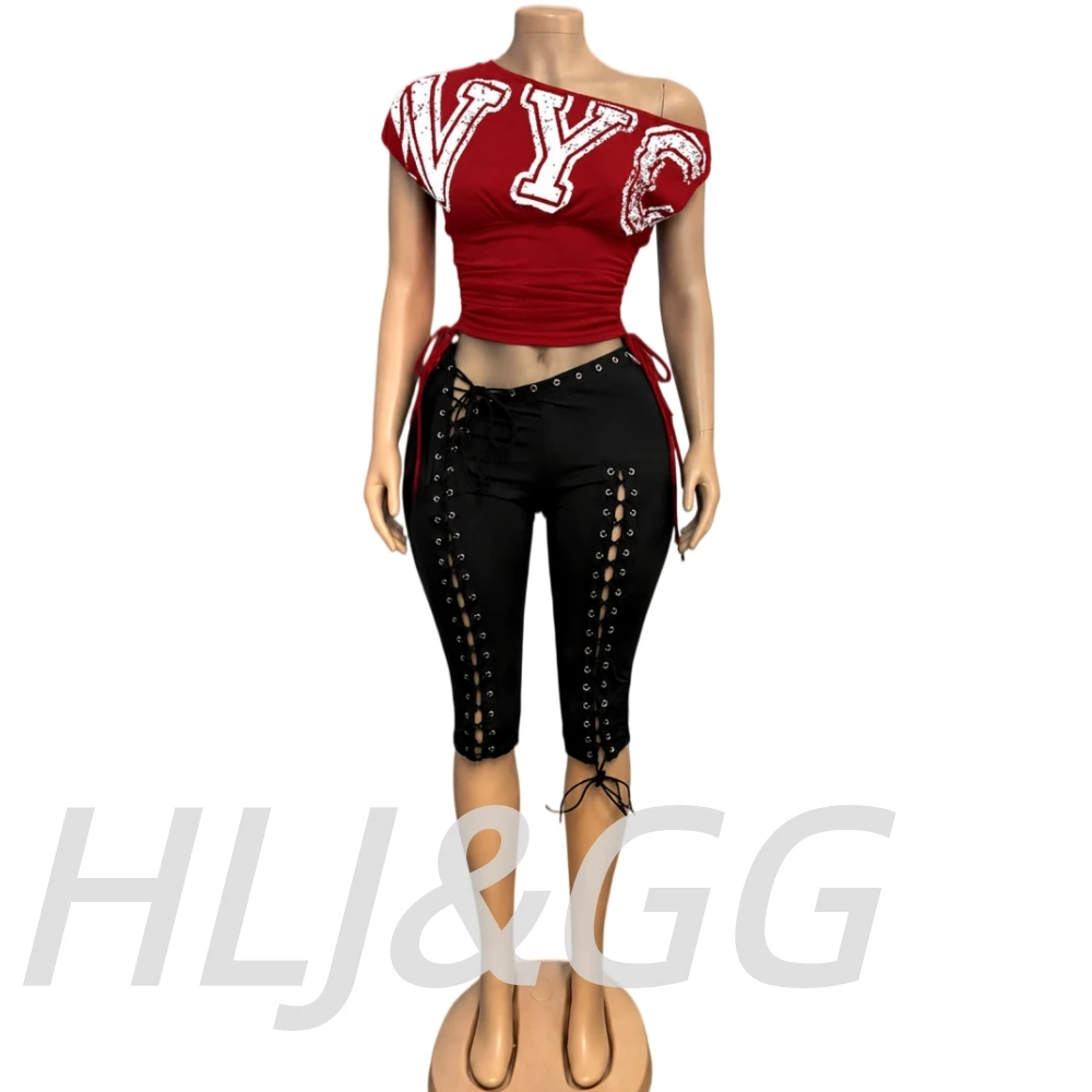 HLJ&GG Fashion Y2K Letter Print One Shoulder Two Piece Set Women Side Drawstring Ruched Top And Hollow Bandage Shorts Streetwear