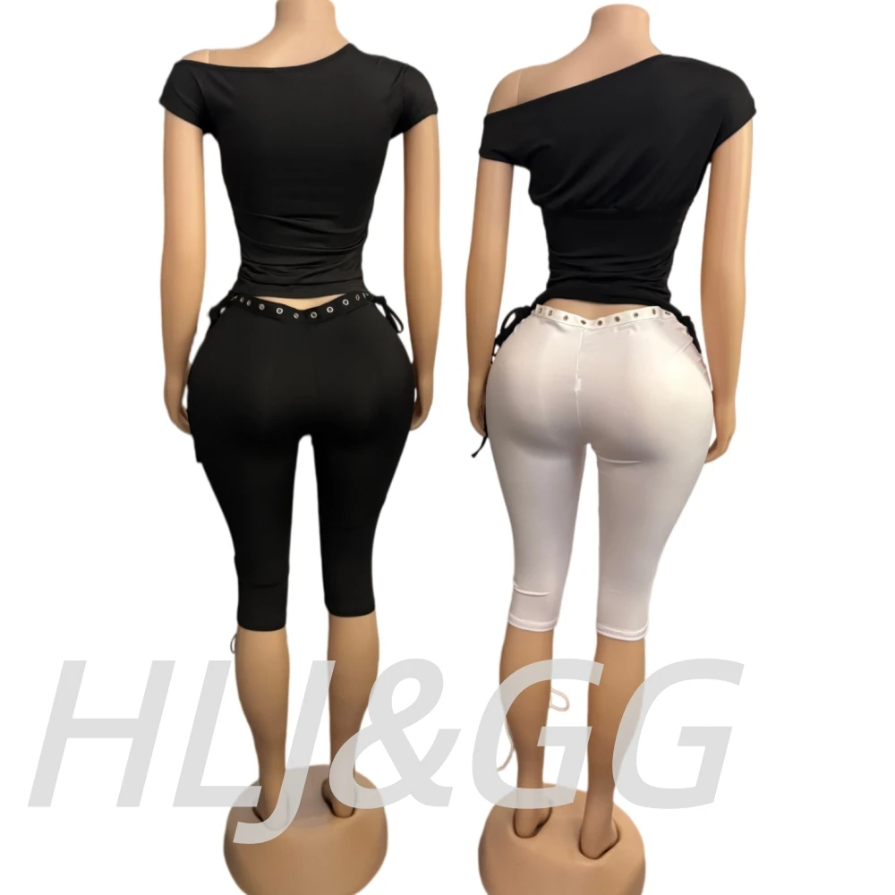 HLJ&GG Fashion Y2K Letter Print One Shoulder Two Piece Set Women Side Drawstring Ruched Top And Hollow Bandage Shorts Streetwear
