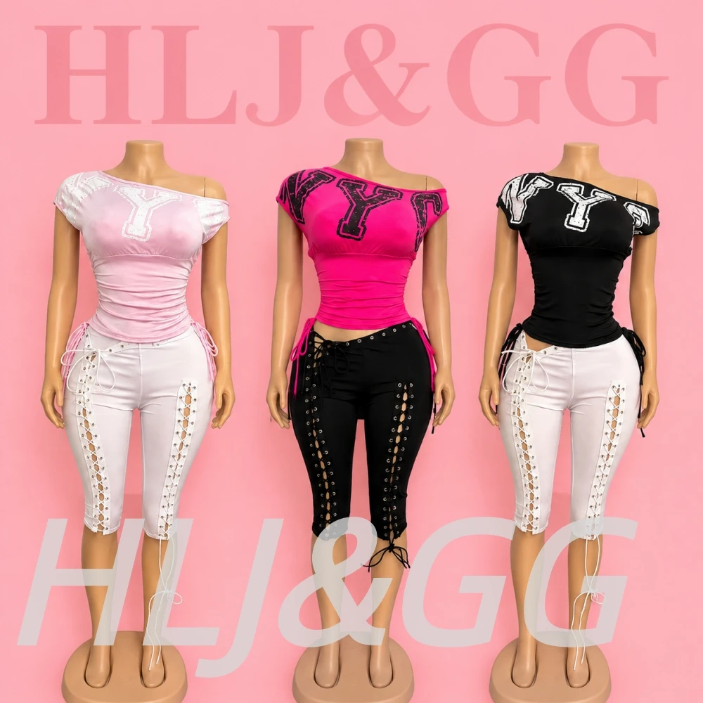 HLJ&GG Fashion Y2K Letter Print One Shoulder Two Piece Set Women Side Drawstring Ruched Top And Hollow Bandage Shorts Streetwear
