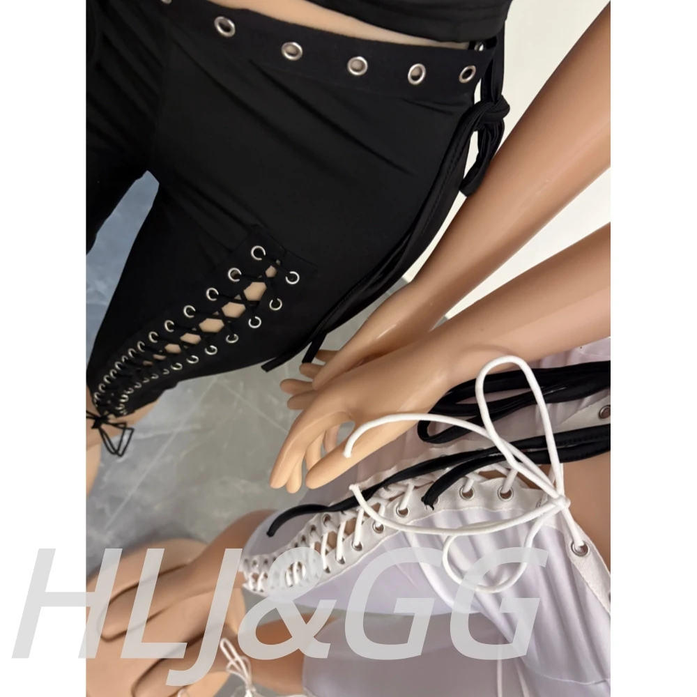 HLJ&GG Fashion Y2K Letter Print One Shoulder Two Piece Set Women Side Drawstring Ruched Top And Hollow Bandage Shorts Streetwear