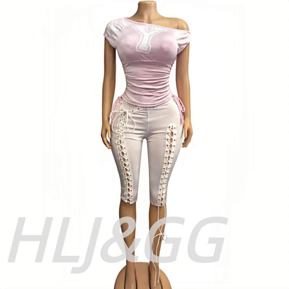 HLJ&GG Fashion Y2K Letter Print One Shoulder Two Piece Set Women Side Drawstring Ruched Top And Hollow Bandage Shorts Streetwear
